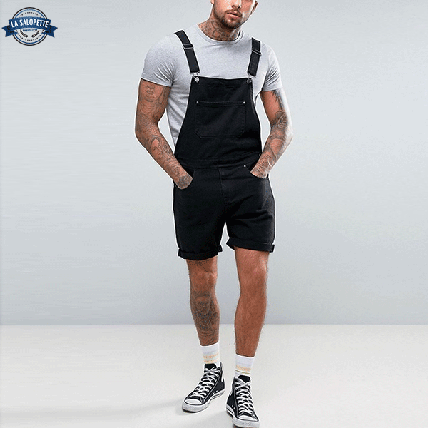 Korta hängselbyxor i svarta jeans