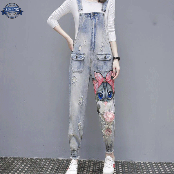 Denimhängselbyxor Rosig katt