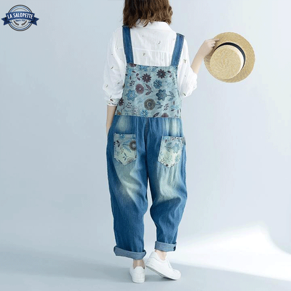 Denimhängselbyxor Stor med Arabi Flower