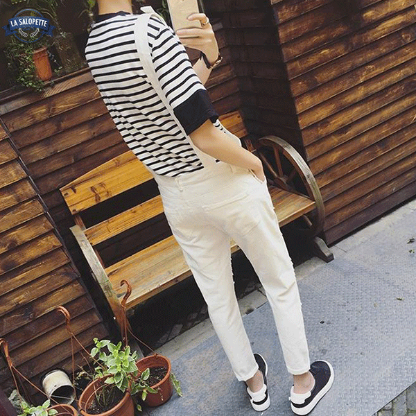 Denimhängselbyxor Beige Torn Katze