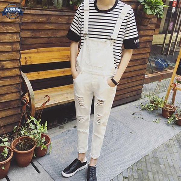 Denimhängselbyxor Beige Torn Katze