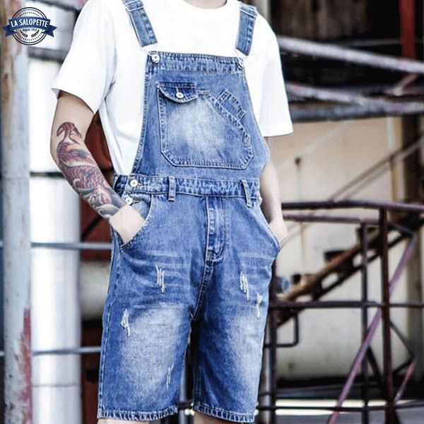 Korta hängselbyxor Washed Blue Denim för män