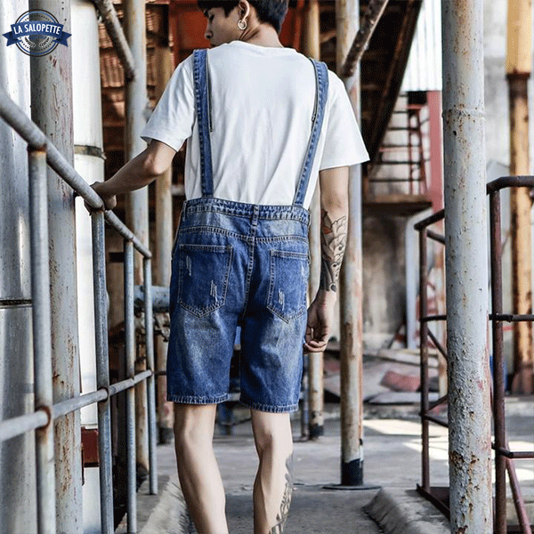 Korta hängselbyxor Washed Blue Denim för män