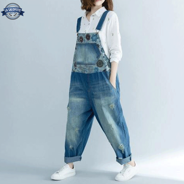 Denimhängselbyxor Stor med Arabi Flower