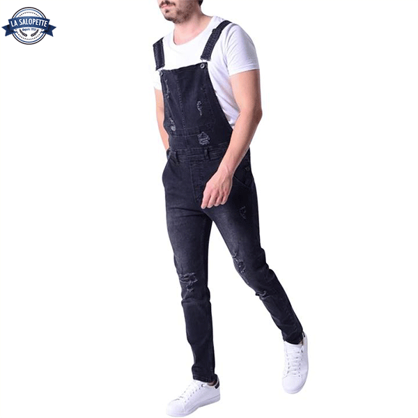 Denimhängselbyxor Svart med hål