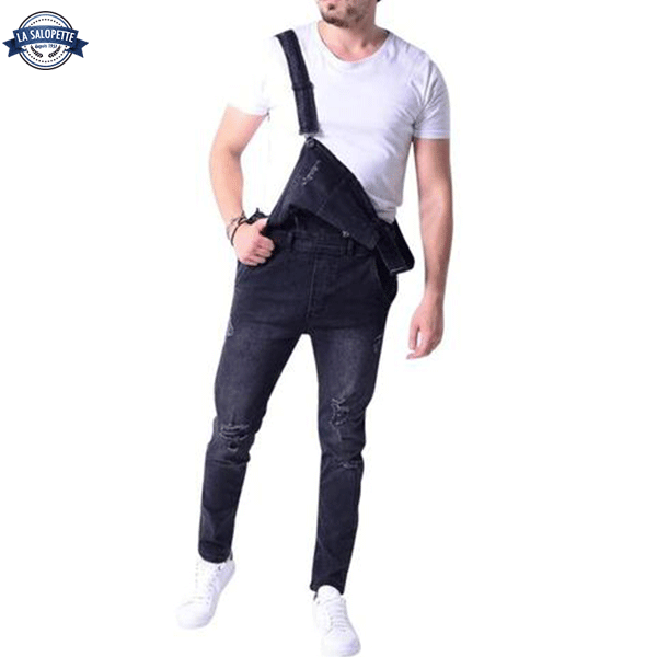 Denimhängselbyxor Svart med hål
