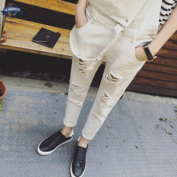 Salopette Jean Beige Déchirée